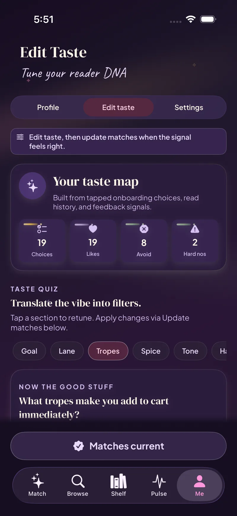 Fated Pages taste setup — choose your reading lane, tropes, spice, and hard nos