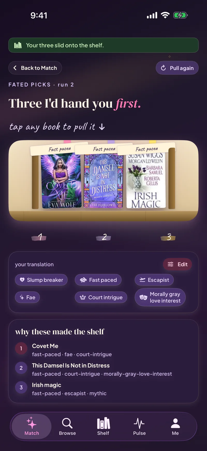 Fated Pages match results — three books with fit reasons and a dealbreaker flag